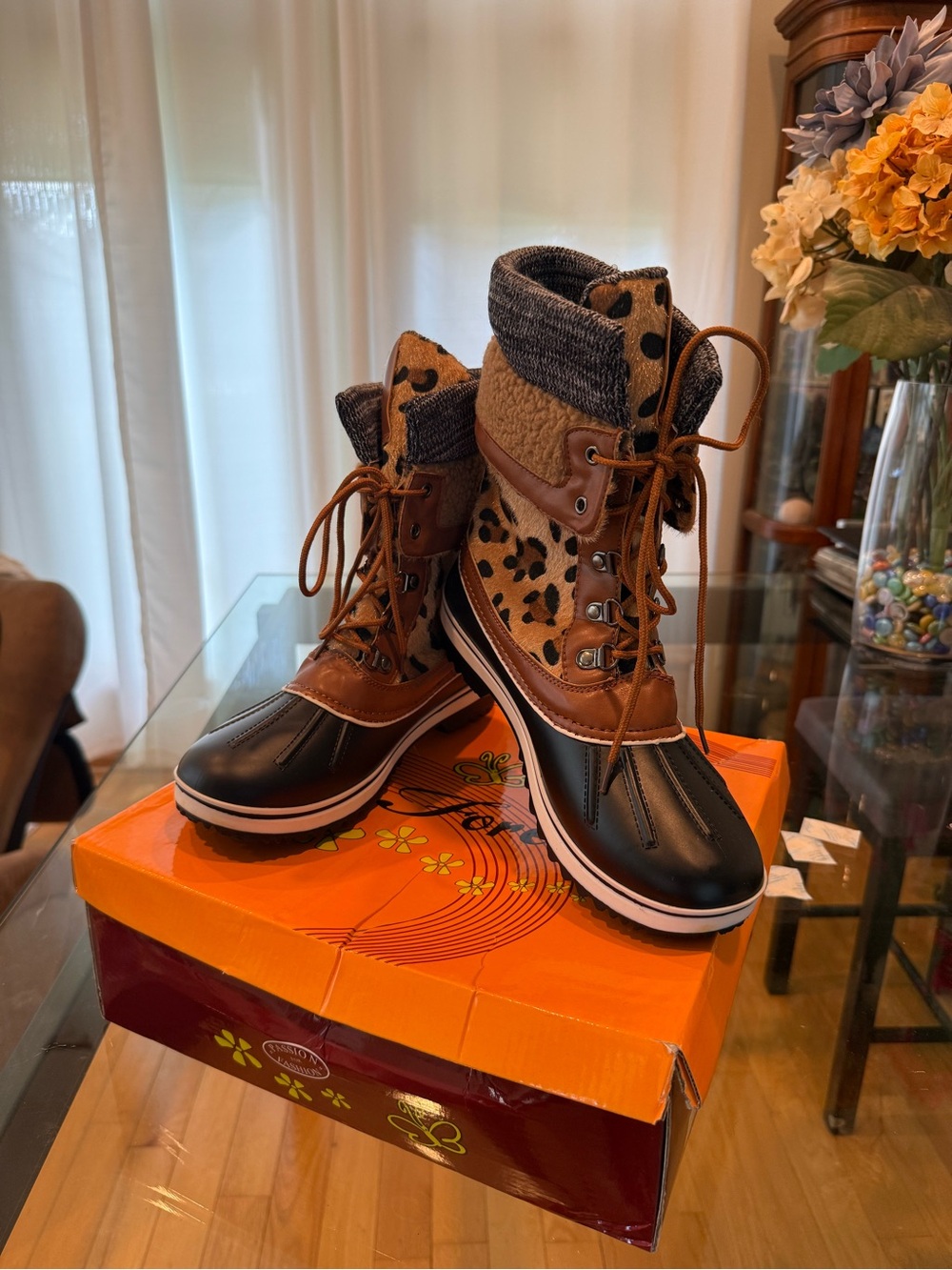 Forever Leopard Print High-Top Weather Boots in Tan